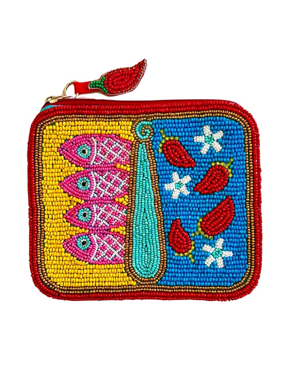 Sardines in Tin Can Chili Pepper Coin Pouch, Sardines Beaded Bag Coastal